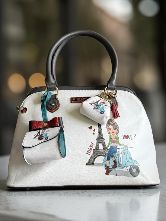 Nicole Lee Handbags - NIKKY by NICOLE LEE White Paris Illustration Satchel Bag NEW w/ Purse Charms